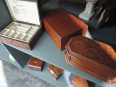 A selection of writing compendium and jewellery boxes including inlayed veneers