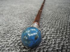 A bamboo walking cane with HM knopp ( marks worn ) holding polished ball handle Lapis Lazuli