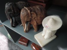 Two heavy ethnic wood hand carved Indian tribal Elephants and similar stone/ marble figure