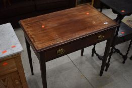 An Edwardian mahogany and inlaid side table on square tapered legs, approx. 77 x 45cm, needs a