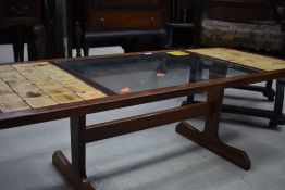 A vintage G plan teak, tile and glass top coffee table (with damage to glass), approx. 137 x 57cm