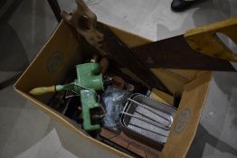 A box of tools etc, including vintage mincer