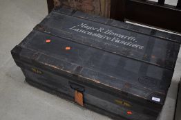 A vintage wooden travel trunk bearing military stamp, named for Major R Howarth, Lancashire