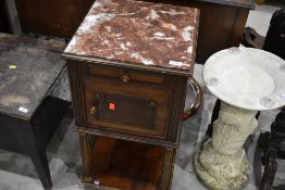 A Continental style mahogany pot cupboard having rouge marble top, width approx 42cm, height 78cm