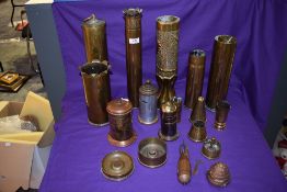 A large collection of WW1 assorted Trench Art including Shell Cases, Ash trays etc