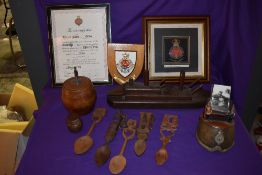 A collection of treen including wooden Battleship, Tobacco Jar with 1916 Shell base, Horse Shoe