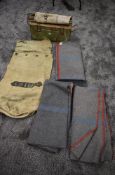 Three grey woollen blankets 1941 x2 and 1943, canvas kit bag, 1943 metal Ammo Tin and a folding