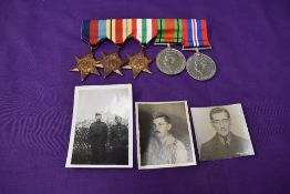 A WW2 group of Medals with photo's , 1939/45 Star, Africa Star, Italy Star, Defence Medal and War