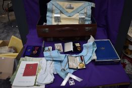 Two Leather Cases containing assorted Freemason Ephemera including 9ct gold Jewel approx 4g of 9ct