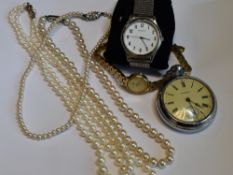 A small selection of costume jewellery including simulated pearls, lady's Rotary wrist watch,