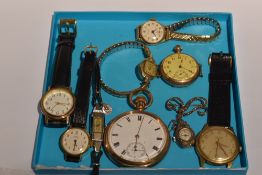 A selection of wrist, pocket and brooch watches including Waltham gold plated pocket watch,