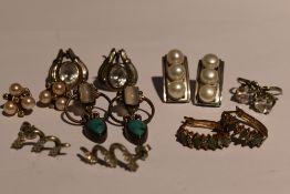 Seven pairs of white metal stud earrings stamped 925 including freshwater pearl, turquoise, cubic