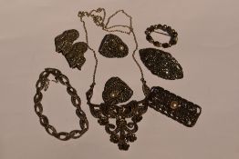 A selection of vintage marcasite jewellery, most stamped silver including a necklace on fixed chain,