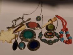 A selection of vintage and later costume jewellery including a beaded collar, crystal beads, wrist