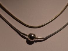 A Pandora white metal snake link chain with Pandora clasp, approx 26' long