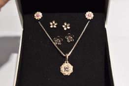 A Pandora silver charm with matching earrings in the form of pink enamelled flowers on a silver