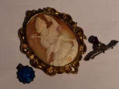 A large conche shell cameo brooch depicting a goddess in the clouds in a pinchbeck deorative