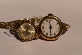 Two lady's 9ct gold wrist watches, both having Arabic numeral dials to circular faces with rolled