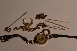 A small selection of yellow metal and 9ct gold including stick pins, signet ring, brooch, approx 4.