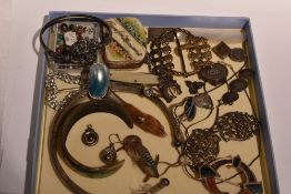 A selection of white metal and other jewellery including feather brooch, bangle, collarette, stud