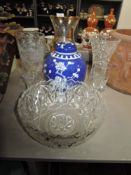 A variety of glass including fruit bowl,vases and more, also a blue and white ginger jar.