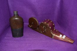A set of butlers bellows and a large James Dixon pewter and glass leather clad flask,large size.