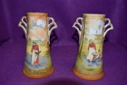 Two Royal Doulton fan handled vases,featuring two of different designs, one depicting woman with
