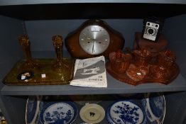 A selection of vintage items including colourful pressed glass dressing table sets,Conway camera and