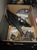 A box of mixed items including hinges, jacks, wall vent covers and more useful items.