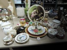 A varied lot of ceramics including Dresden lace figure, trinket dishes, plates and more.