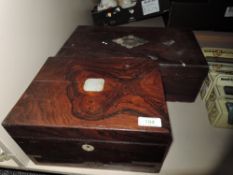 Two antique writing correspondence cases one having burr wood case with mother of pearly inlay and