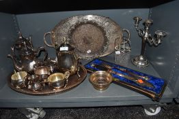 A selection of plated ware and similar including ornate boxed fish servers,tray, candle stick holder