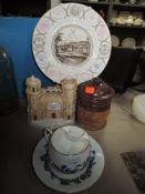 A selection of ceramics including Staffordshire flatback, tobacco jar and Blantyre moustache cup