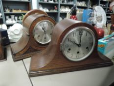Two Napoleon style mantle clocks having oak cases 8 day movement and chime