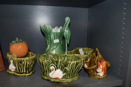 A collection of sylvac including vase with stork to handle and planters featuring swans.