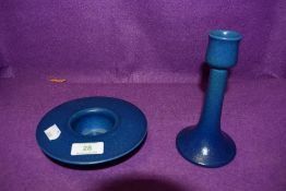 A mottled cobalt blue Royal Lancastrian candle holder and candle stick.