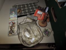 A collection of vintage items including sequinned hat pins and similar, a beaded coin purse, two