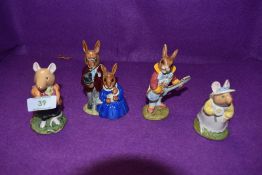 Four Royal Doulton Bunnykins and Brambly Hedge figures, Family Photograph DB1, Strumming DB16,