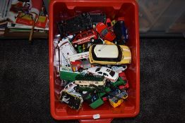 A box of modern diecasts including Corgi, Matchbox and similar