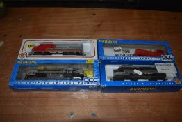 Four Bachmann HO Scale Locomotives, New York Central, Santa Fe and unnamed, all with boxes