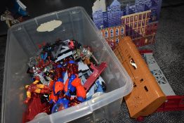 A box of modern Spiderman figures and accessories including Mattel, Marvel etc