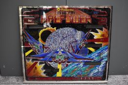 A 1980 Williams Electronic Inc Pin Ball Back Glass, Multi Ball Firepower