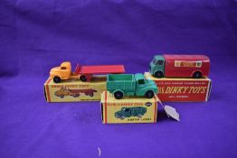 Three Dublo Dinky diecast, Bedford Articulated Flat Truck having yellow cab, red flat bed and