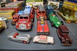 A collection of tin plate and pressed steel vehicles comprising, Marx Saloon Car, Vanwall Racing