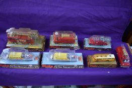 Seven Dinky diecasts, Air Sea Rescue Launch x2, 678, Swiss PTT Bus, 293, Merryweather Marquis Fire