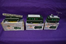 Three Dinky Supertoys diecasts, BBC TV Mobile Control Room 967, BBC TV Roving Eye Vehicle 968 and