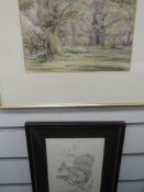 A watercolour, woodland landscape, 17 x 25cm, framed and glazed, and a print, squirrel, 20 x 16cm,