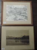 An etching after B Eyre Walker, October Snow Windermere, signed, 20 x 30cm, framed and glazed, and a