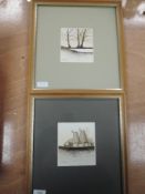 A near pair of watercolours, oast house, and trees, indistinctly signed, 13 x 12cm, framed and