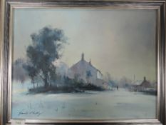 An oil painting, Gerald Phillips, winter village, signed and dated, 1988, and attributed verso, 29 x